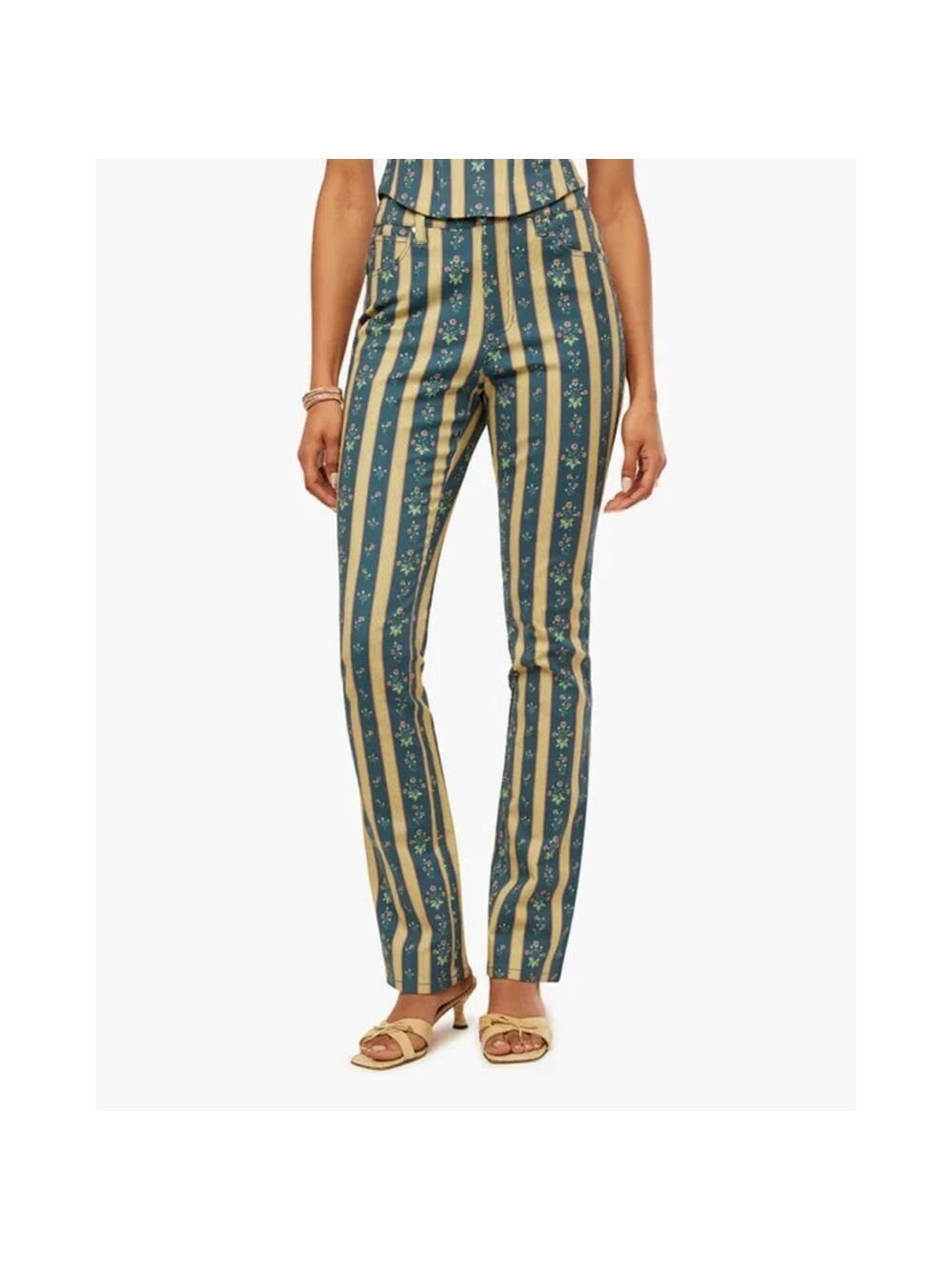 Women's WEWOREWHAT Teal & Yellow Floral Stripe Mid Rise Ankle Flare Pants 26